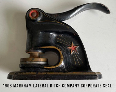 Donate your documents, emphemera, or items, for our archives. Photo is of the Markham Lateral Ditch Co., Seal.